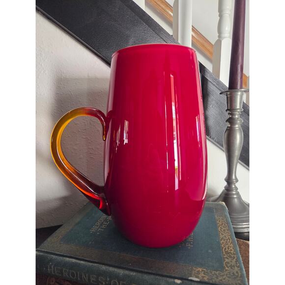 Amberina Red Glass Pitcher 8.75" Handblown Art Glass with Amber Handle Vintage - Picture 5 of 10
